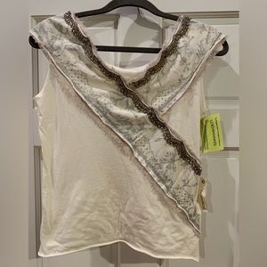 EMMM White Beaded Patchwork Cotton Tank Top